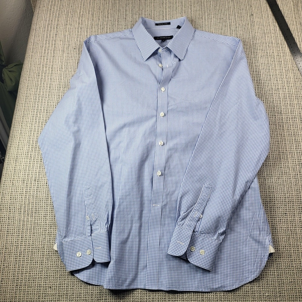 John Varvatos Dress Shirt Mens 17 Long Blue Gingham Superfine Cotton Long Sleeve